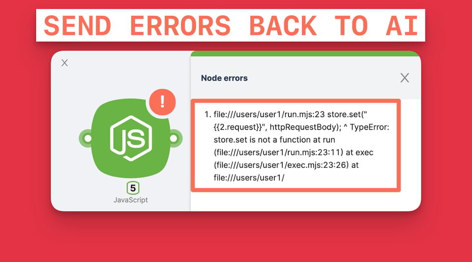 Uma janela pop-up que exibe erros de nó JavaScript, sugerindo problemas no bloco de código. O cabeçalho da janela diz "SEND ERRORS BACK TO AI" em letras vermelhas. Dentro da janela, há um ícone de JavaScript com um ponto de exclamação e um rótulo "5". Abaixo está uma mensagem de erro: TypeError, indicando que 'store.set' não é uma função no arquivo e na linha de código especificados