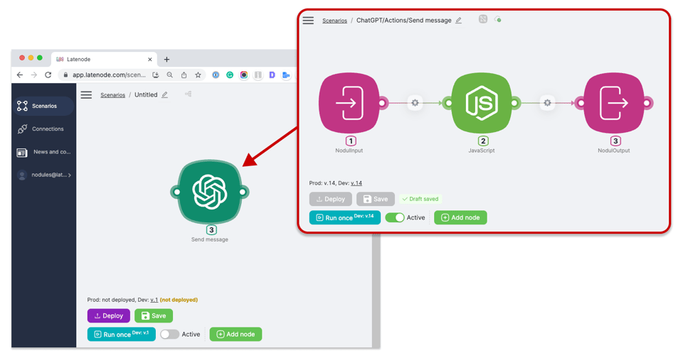 Captura de tela destacando uma ação "Enviar mensagem" em um cenário de automação Latenode , com NodulInput, processamento JavaScript e NodulOutput